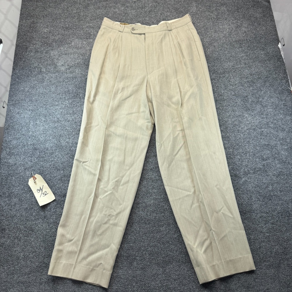 Vintage Riviera Design II Dress Pants Mens 34 Beige Wool Blend Pleated Luxury